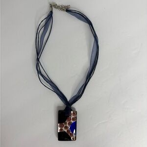 Fused Glass Blue and Black Pendant Necklace